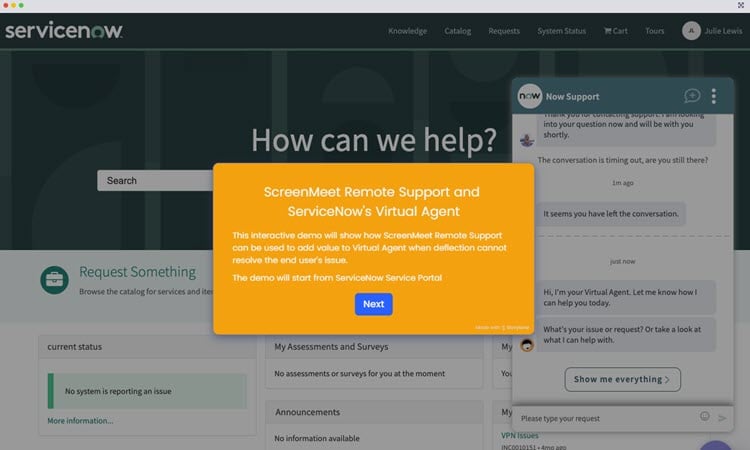 Interactive Demo Screenmeet Remote Support For Servicenow Virtual Agent 5079